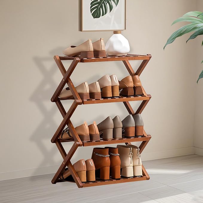 Jessie Bamboo Shoe Rack,Free Standing Shoe Rack for Closet,Portable Folding Shoe Storage Rack, Space Saving,Shoe Shelf for Bedroom Entryway Hallway Closet Living Room (Brown-4 Tier)