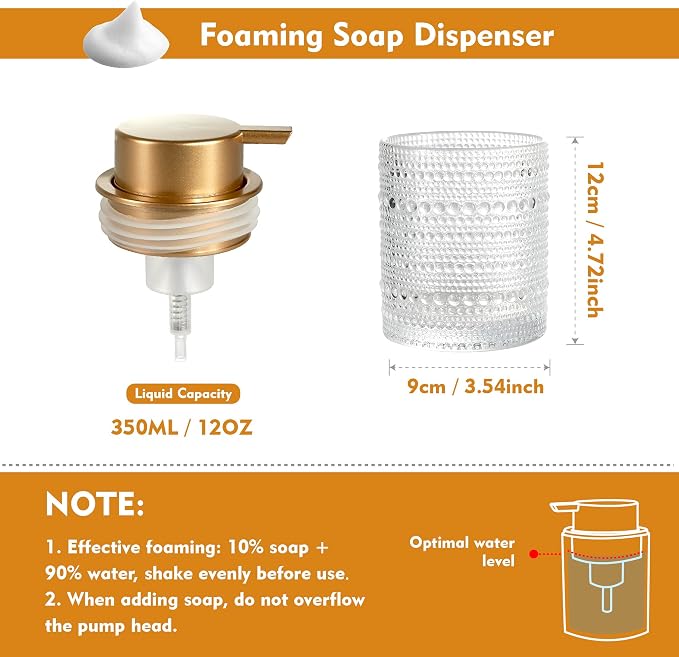 12oz Glass Foaming Soap Dispenser with Gold Pump, Hand Soap Bottles | Clear refillable bottle for bathroom hand soap, liquid, lotion. Cute decorative glass container. Easy to refill and clean