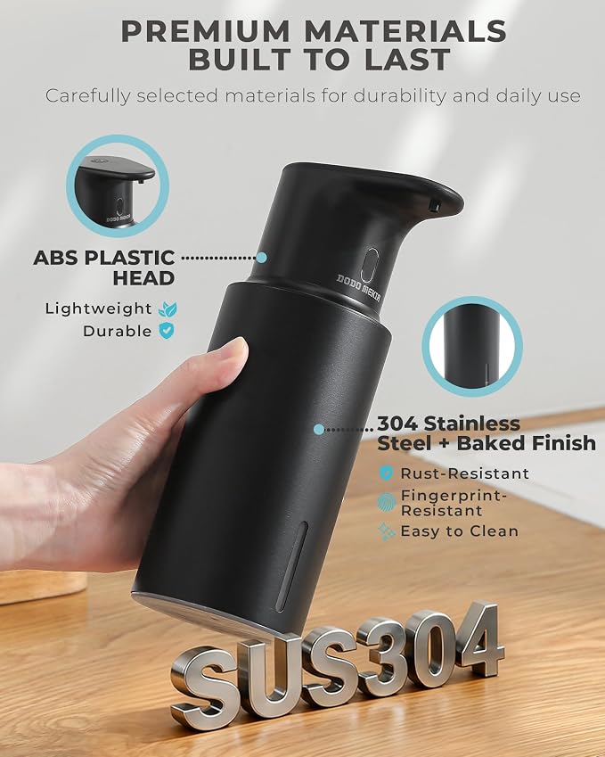 Automatic Liquid Soap Dispenser Touchless, 304 Stainless Steel Bottle Body | 16.2oz/480ml Rechargeable, 3 Adjustable Liquid Levels, IPX7 Waterproof, for Kitchen Bathroom, Black