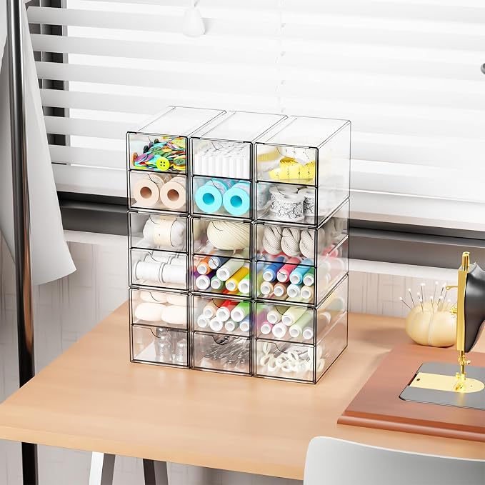 Yieach 9 Pack Small Acrylic Drawers With 18 Drawers,Clear Drawer Organizers Stackable,School,Office Supplies Organizer And Storage Bins for Stationery,Pen,Pencil,Craft,Glasses,Sunglass Organizer Case