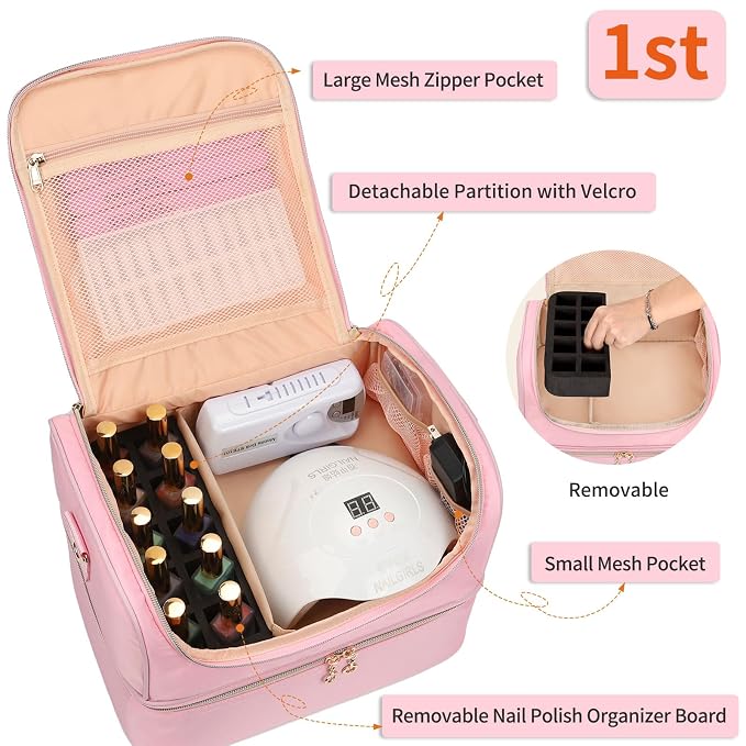 CUBETASTIC Nail Polish Organizer Case, Nail Supplies Storage Box Holds Nail Polish Bottles & Nail Lamp, Travel Nail Tech Carrying Case, Nail Kit Bag For Nail Stuff & Manicure Tools (Pink, 45 Slots)