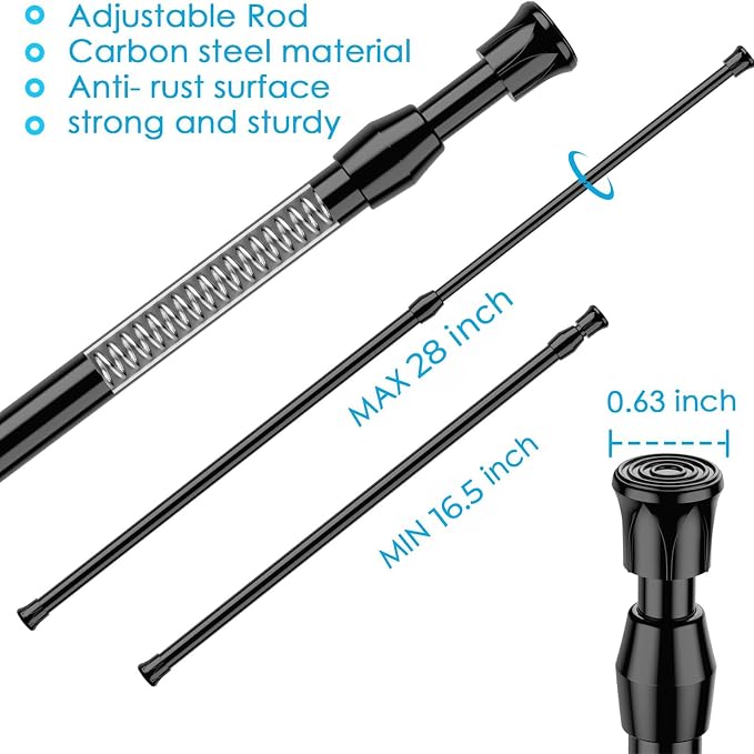 MEXAU Black Tension Curtain Rod 16.5-28 inch Spring Tension Rod Adjustable Spring Rod Extendable Tension Rod for Kitchen, Bathroom, Window, Bookshelf