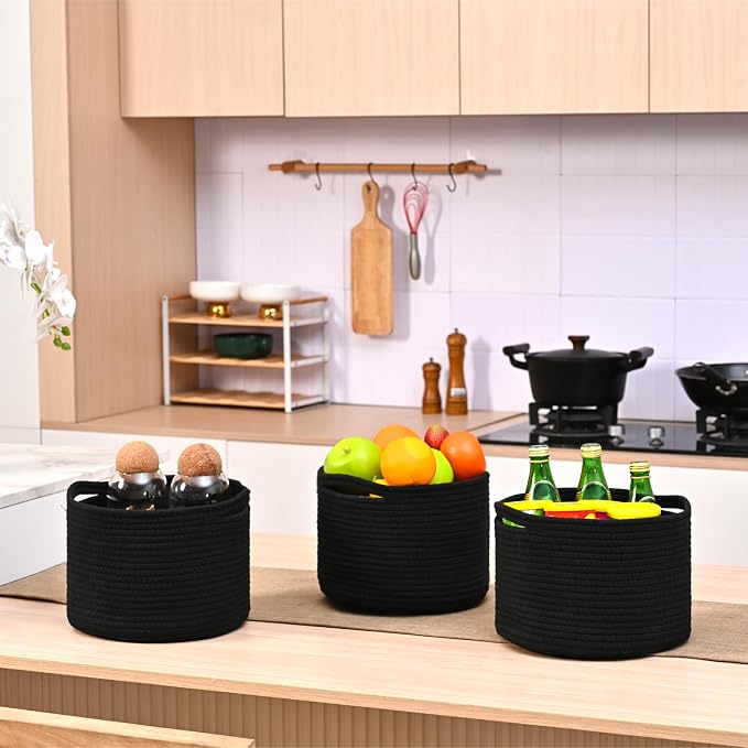 ICERZCZ Small Black Baskets for Organizing, Storage Baskets for Shelves, Small Woven Basket for Storage, Cute Basket for Gifts, Mini Cotton Rope Baskets, 9.7"×9.7"×7" (3 Packs) Black
