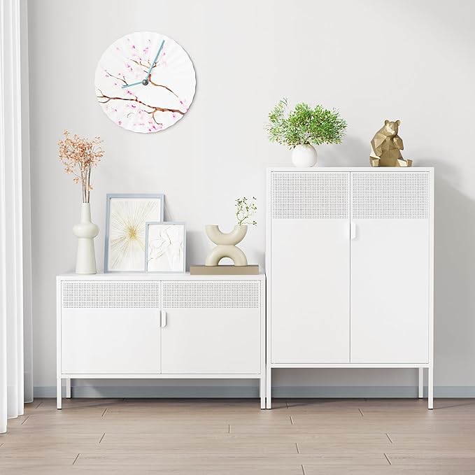 Ustamio 2 Door Accent White Metal Storage Cabinet with Adjustable Shelves and Air Vent Doors, 3 Tier Metal Sideboard Cabinet for Home, Office, Entryway, Hallway, Assembly Required, (LC-WGG-W)