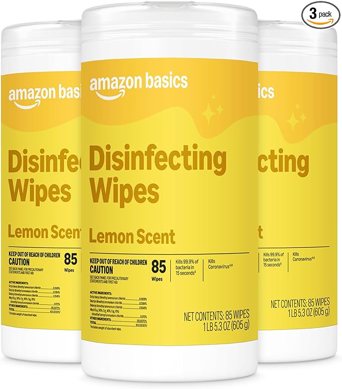 Amazon Basics Disinfecting Wipes, Lemon Scent, for Sanitizing, Cleaning & Deodorizing, 255 Count (3 Packs of 85), Packaging May Vary