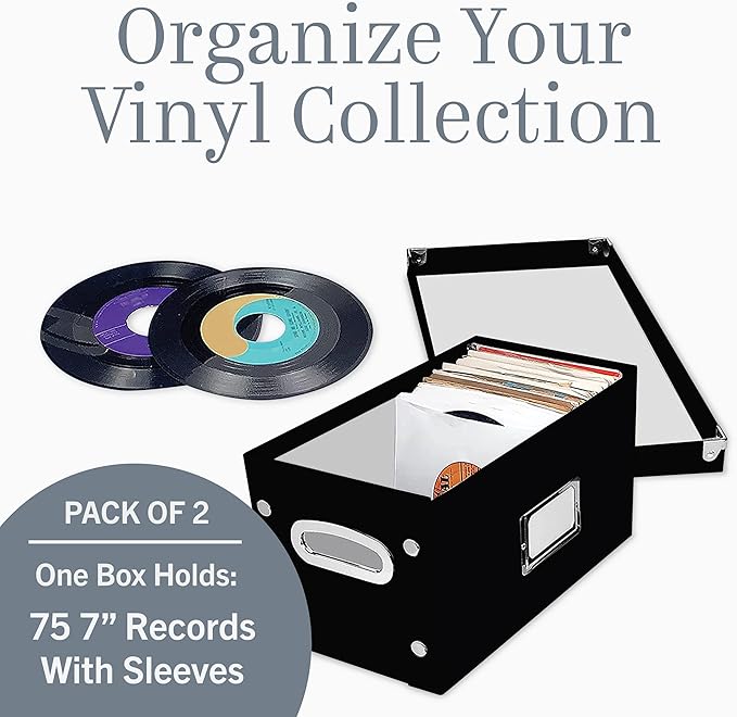 Snap-N-Store Vinyl Record Storage Box - 7"/45 RPM - 2 Pack- Crate Holds up to 75 Vinyl Albums - Black