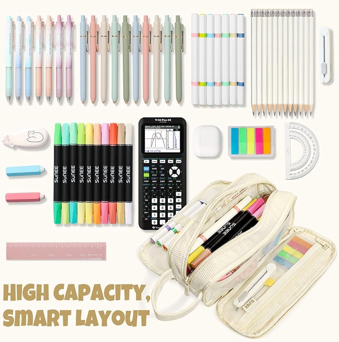 SUNEE Large Capacity Pencil Case with 3 Compartment, Extra Big Pencil Pouch, Pencil Bag with Zipper, Cute Stationery Organizer, Soft Corduroy Pen Box School Supplies for Student Teen Girls Boys, Beige
