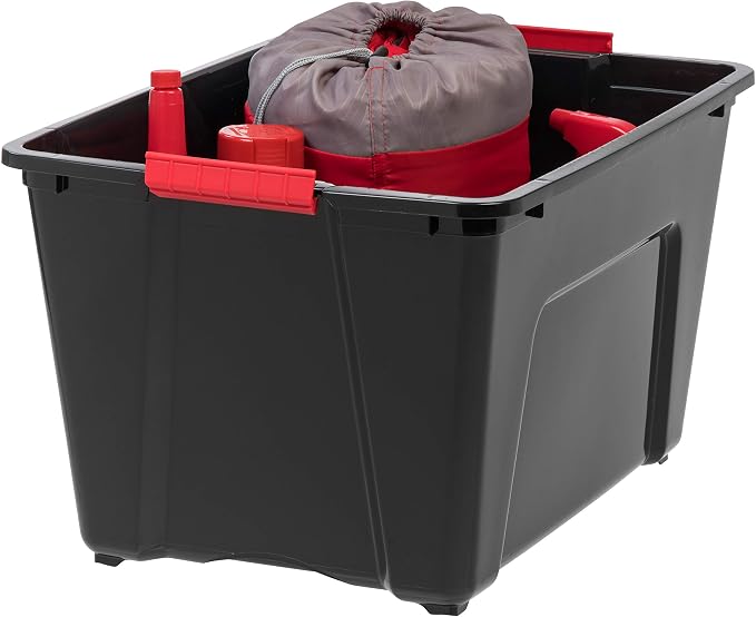IRIS USA 51 L (54 QT) Plastic Storage Box with Lid and Latches - 4 Pack - BPA-Free, Garage Organizing Solution, Durable Nestable Stackable Containers, Secure Pull Handle - Black