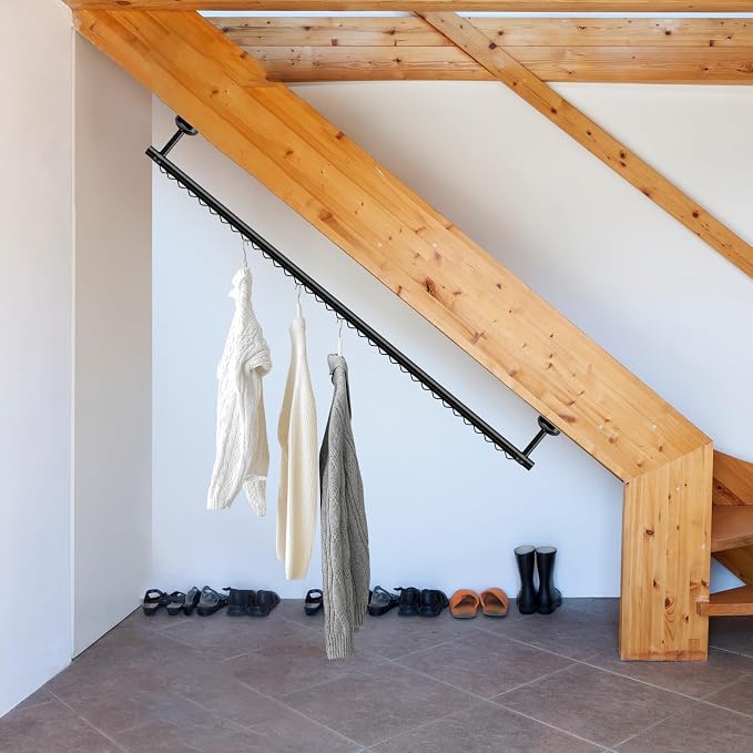 Wonderjune Closet Rail Hanging Closet Rod, 41" Any Angle Clothes Hanging Rail Under Stairs Storage Sloped Ceiling Mount Clothes Rod for Under Stairs Attic Bedroom Wall Mount(Black)