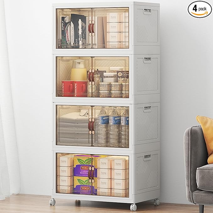 UAMFURI Stackable Storage Bins with Lids, 192QT Closet Organizers, Lockable Storage Cabinet，Foldable Storage Box with Doors and Wheels, Plastic Drawers for Home, Garage, Office (4, White, Medium)