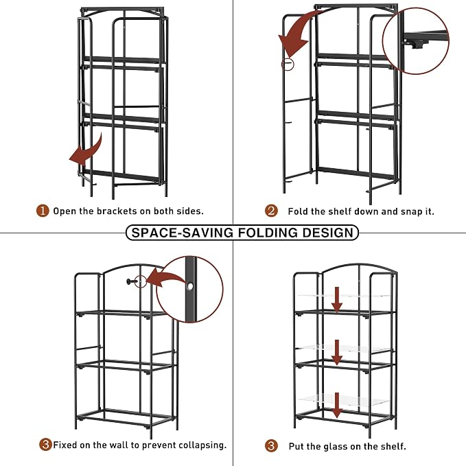 Crofy 3-Tier Foldable Bookshelf, Black Frame & Transparent Shelves | No-Assembly Collapsible Portable Storage Organizer; Sturdy Transparent Shelves; Ideal for Living Room & Home Office