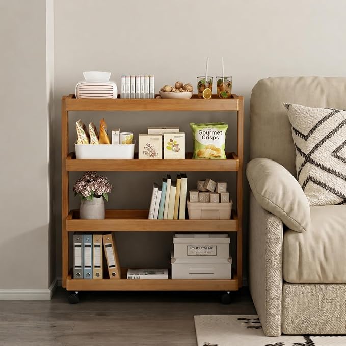 4-Tier Narrow Side Table with Wheels, Solid Wood Slim Rolling Storage Cart, Skinny End Table for Small Spaces, Moving Utility Shelf Organizer for Living Room, Bedroom, Kitchen, Bathroom