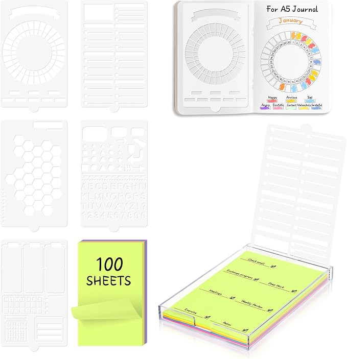 5" x 8" Sticky Notes Stencil and Holder Set with 5 Planner Stencils for A5 Journal Acrylic Post It Note Holder Organizer A5 Planner Stencil Record Templates Organizer for Desk School Office
