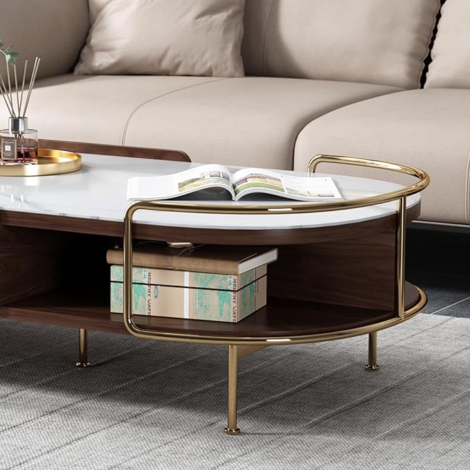 Lartis Oval Coffee Table in Walnut, Sintered Stone Living Room Table with Semi-Circular Storage,Multi Functional Marvel for Modern Living Room (White, 51 in)