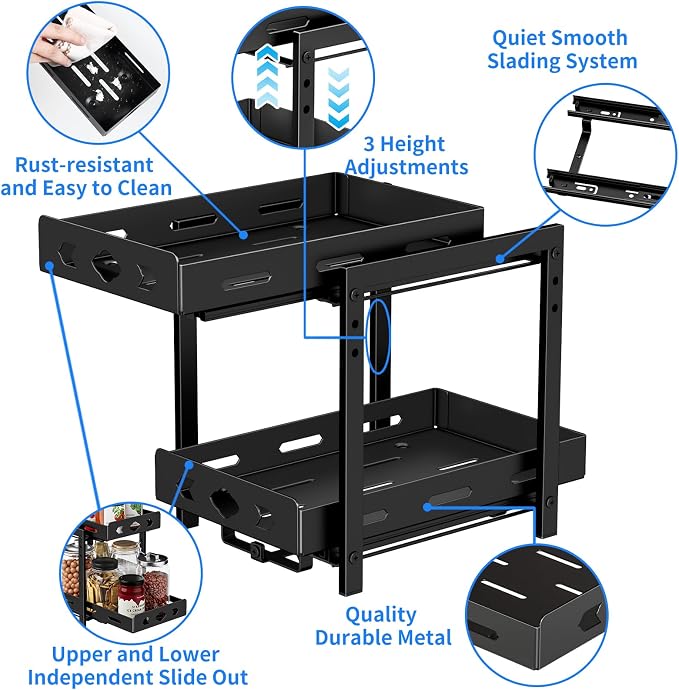 Pull Out Spice Racks for Inside Cabinets, 2 - Tier Cabinet Spice Rack Organizer, Height Adjustable Vertical Spice Rack for Cabinet, Kitchen, Pantry, Cupboard (7.5''Wx10.8''Dx9.2''H, Metal Black)