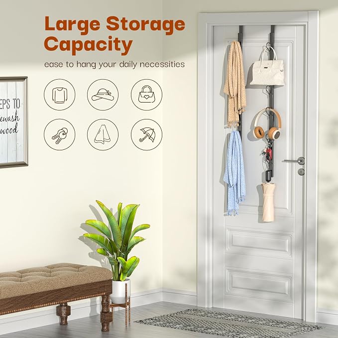 Over The Door Hooks 2 Pack,12 Heavy Duty Towel Rack All Metal Coat Hanger for Jacket Robe Hat Purse Bags in Bathroom Bedroom Dorm, 28.3 Inches, Black