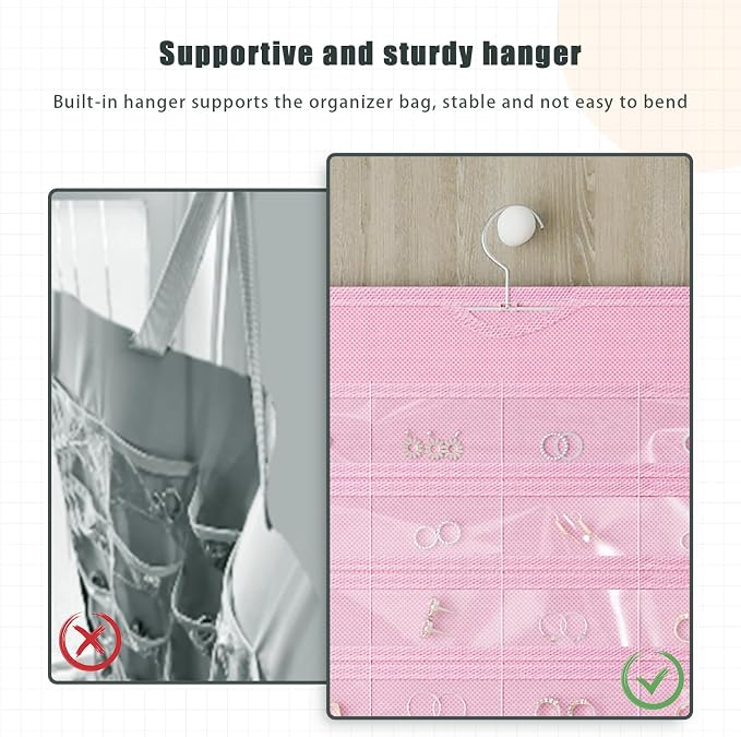 Hanging Jewelry Organizer 80-Pocket Double-Sided Storage, 2-Pack, Pink | Foldable clear PVC 80-pocket storage; swivel hook fits walls, doors & rods to organize earrings, necklaces, bracelets & rings