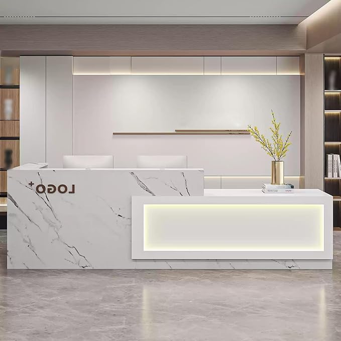 Modern Reception Desk with Counter, Front Desk Reception Counter with Lockable Drawer, Keyboard Tray & Storage Cabinet, Solid Wood Receptionist Table for Salon Office Lobby (D - Right, L 2.4m/94in)