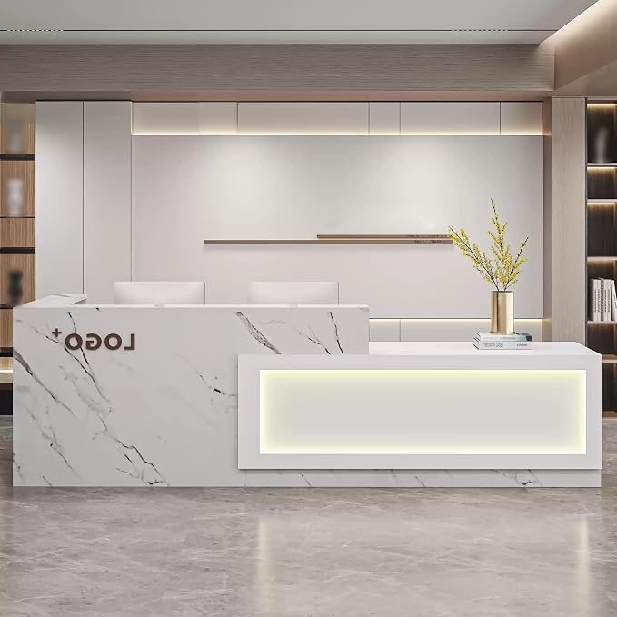 Modern Reception Desk with Counter, Front Desk Reception Counter with Lockable Drawer, Keyboard Tray & Storage Cabinet, Solid Wood Receptionist Table for Salon Office Lobby (D - Right, L 2.2m/86in)