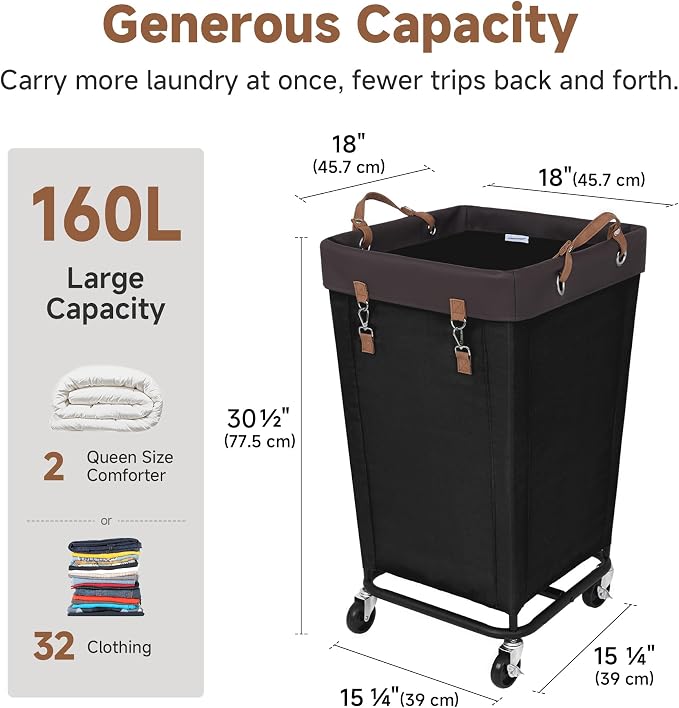 StorageWorks Laundry Basket with Wheels for Clothes, 160L Black Hamper Cart