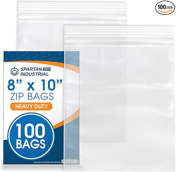 Spartan Industrial - 8” X 10” (100 Count) 4 Mil Heavy Duty Clear Plastic Reclosable Zip Poly Bags with Resealable Lock Seal Zipper