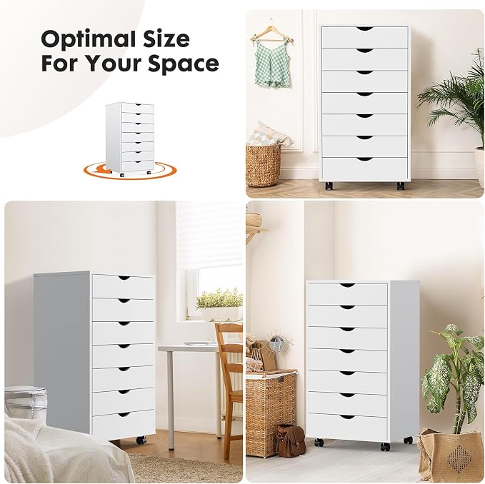 OLIXIS 7 Drawer File Cabinet on Wheels, Printer Stand | Fits Under Desks, Wood Storage Organization Holds Printer, Office Supplies, Not For Hanging Files, For Home Office Use White
