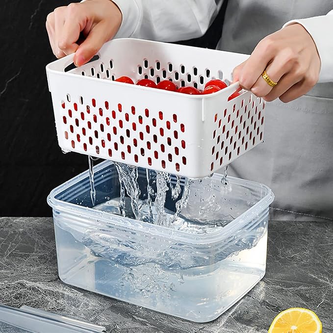 Srliya Pack of 3 Drain Storage Basket, Transparent LeakProof Food Storage Containers with Removable Strainer for Refrigerator