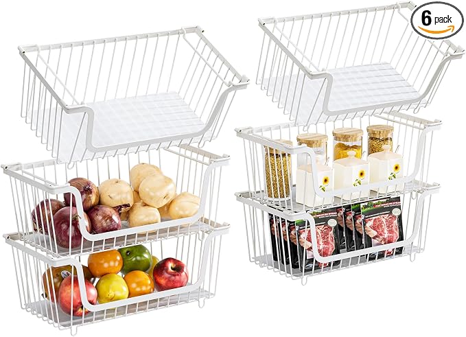 GAOKASE 6 Pcs Stackable Wire Baskets for Pantry Organizers and Storage,Vegetable Fruit Basket for Countertop,Kitchen Storage Metal Baskets,Produce Potato Onion Storage Bin,White