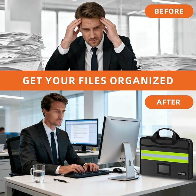 Fireproof Accordion Document Bag, Water-Resistant File Organizer, 12 Pockets 2200°F, with Reflective Strip, Fire Safe Storage for A4 Letter and Other Sizes Important Documents - Black