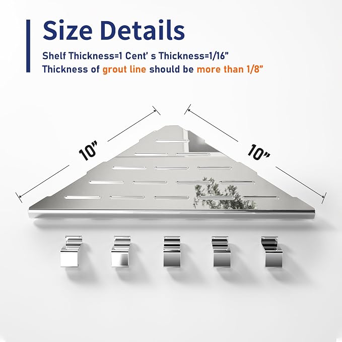 10‘’ Corner Shower Shelf | 304 Stainless Steel Shelves for Bathroom, Grout in Shelf with Hooks for Tiled Wall (Polished)