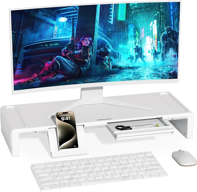 Monitor Stand Riser with Drawer & Phone Holder, Foldable Desk Organizer | Adjustable height laptop riser, built-in pen slot, space saving desktop organizer for home office White