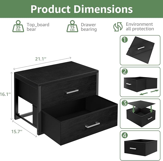 BOLUO Stackable Storage Drawers Closet Organizers and Storage Fabric 2 Drawer Dresser for Bedroom Set of 2 Black Modern
