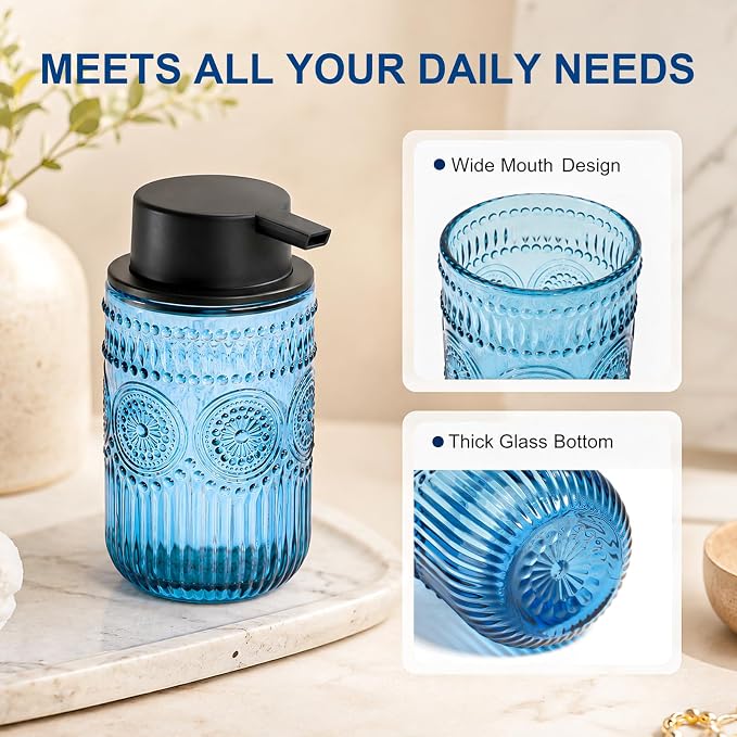 Glass Foaming Hand Soap Dispenser, 13.8 oz Kitchen Dish Soap Dispenser with Black Foam Pump,Blue Foam Soap Dispenser for Bathroom Decor