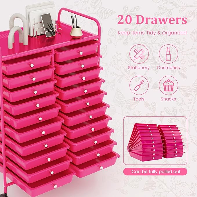 LDAILY 20-Drawer Rolling Storage Cart, Rolling Storage Cart, Storage Organizer on Wheels, Metal Frame, Scrapbook Paper Tools, Suitable for Office School, Classroom (Hot Pink, 20 Drawer)