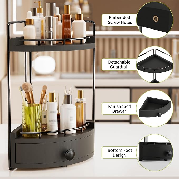 2-Tier Corner Bathroom Counter Organizer with Drawer, Black | Embedded Screw Holes, Wooden Countertop Organizers, Space-Saving, Bottom Ventilation Design, Counter Shelf for Vanity