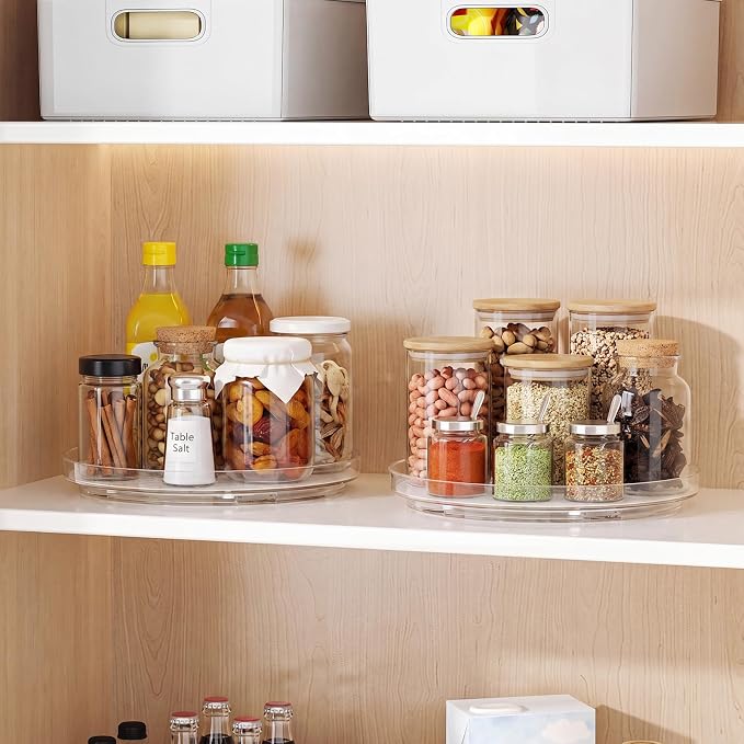 Lazy Susan Turntable Organizer (2 Pack), 9 Inch Non-Skid Clear Rotating Spice Rack for Kitchen Cabinet, Pantry, Fridge, Tabletop, Round Spinning Tray for Bathroom Countertop, Makeup Vanity, Under Sink