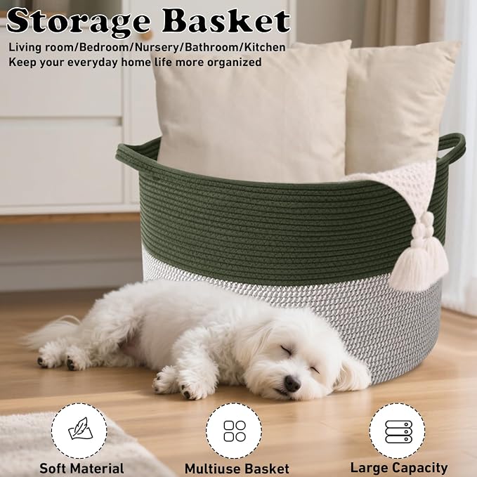 65L Large Blanket Basket,Woven Rope Laundry Basket Hamper with Handles,Decorative Nursery Basket Storage Bin for Toys, Pillows , Clothes Organizer, Living Room, Bedroom, Bathroom, Green&White
