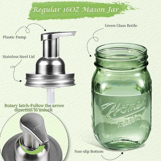 Amolliar Green Glass Mason Jar Foaming Soap Dispenser, 16OZ Hand Soap Dispenser, Plastic Pump & Stainless Steel Lid & Lable, Kitchen Dish Soap Bathroom Accessories Set, Soap Pump Bottle, Silver 2 Pack