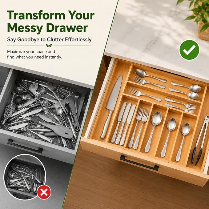 FUSHITON Expandable Bamboo Knife Storage Box, 9 Compartments, Adjustable Drawer Divider for Kitchen