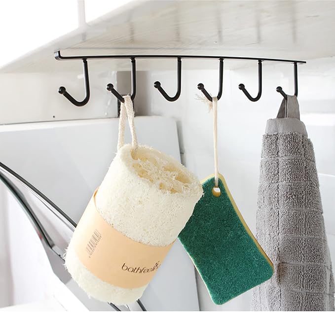 Under Cabinet Hook Rack 1 Pack, No Drill Under Cupboard Hanging Cup Holder, 6 Hooks Metal Utensil Hanger, Closet Cabinet Storage Organizer for Mugs, Kitchen Utensils, Scarves, Bags (Black)