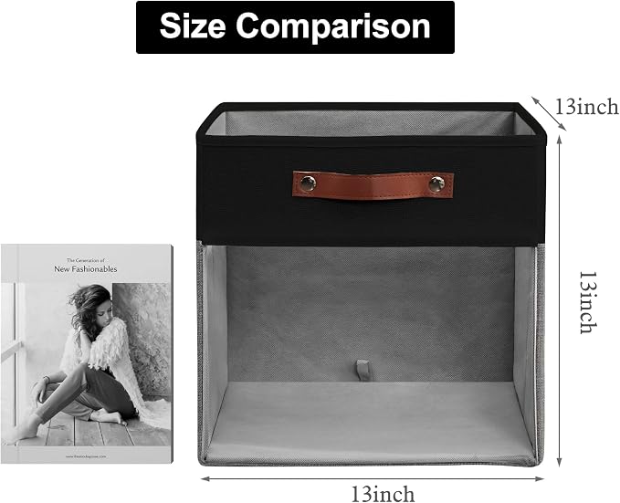 Bagnizer Storage Cubes, 4 Pack Linen Foldable Storage Bins (13 x 13 inch) with Clear Window and Handles, Fabric Organizer for Shelf Closet, Clothes, Books - (Gray and Black)