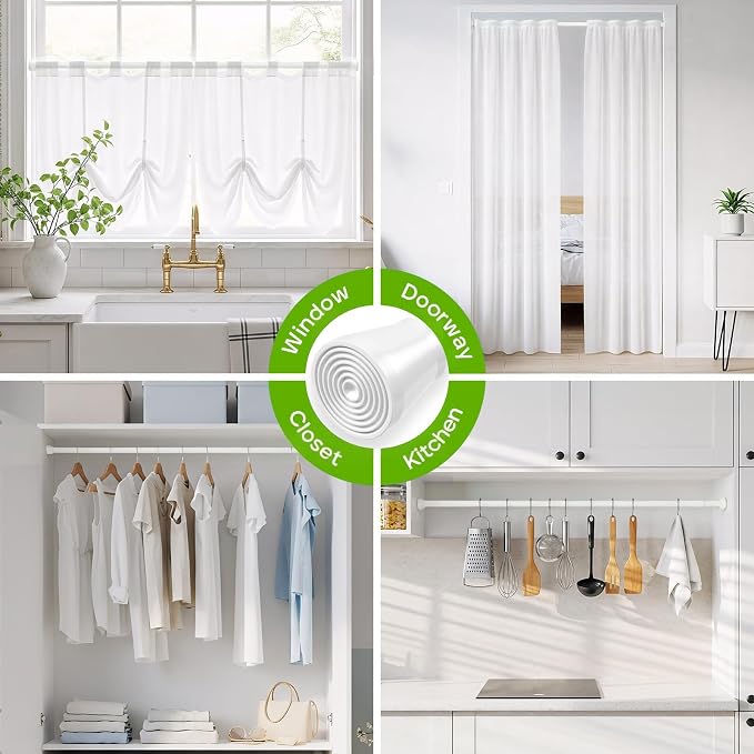 Spring Tension Rod 40-73 Inches No Drilling Adjustable White Spring Loaded Curtain Rod Expandable Extra Long Tension Curtain Rod for Windows,Kitchen,Doorway