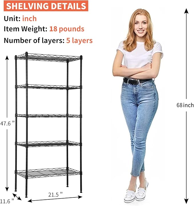 Wire Shelves 5-Tier Metal Storage Shelves 11.6" D x 21.5" W x 47.6" H Adjustable Wire Rack Shelf NSF Shelving Unit for Kitchen Storage Pantry Laundry, 750LB Capacity, Black