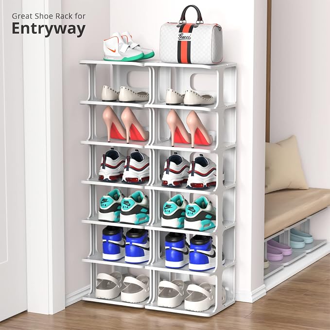ZOINLIY Stackable Shoe Organizer for Closet, Small Shoe Rack for Entryway, Bedroom, Dorm Rooms, Free Standing Shoe Shelf, Plastic Shoe Cubby for Small Space, Grey Space Saver Shoe Holder