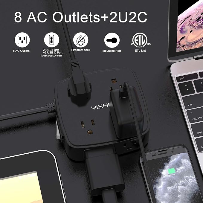 5Ft Surge Protector Power Strip - 8 Widely Outlets with 4 USB Ports, 3 Side Outlet Extender with 5 Feet Extension Cord, Flat Plug, Wall Mount, Desk USB Charging Station, ETL,Black