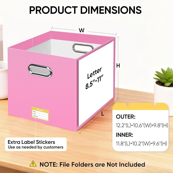 BALEINE File Organizer Box, Cardboard File Folder Organizer with Handle for Letter Size, Portable Collapsible Hanging Filing Box for Home Office Document Storage (1 Pack, Large Pink)