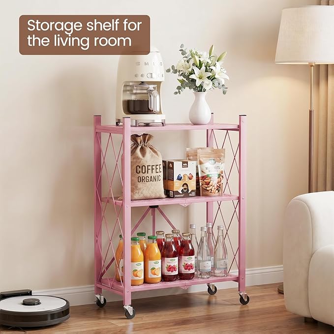 ALANNG 3 Tier Folding Storage Shelf on Wheels,Heavy Duty Metal Rolling Cart | Compact & Portable, No Tools Assembly, Folds to 3.9" Flat, Reinforced Iron Frame, Lockable Casters, for Any Room