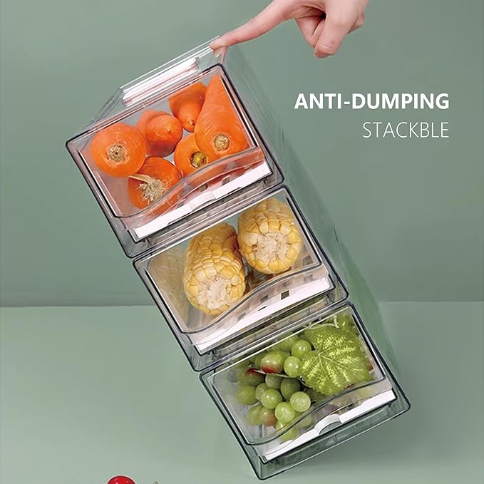 2 Pack Fruit Storage Containers for Fridge, Stackable Refrigerator Organizers with Strainer Layer，Reusable Storage Containers Clear Fridge Drawer for Produce,Vegetable in Kitchen,Fridge,BPA-Free