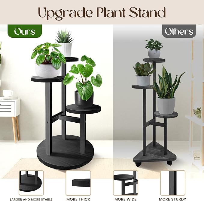 GEEBOBO 3 Tier Plant Stand Indoor, Tiered Wood Plant Stand for Indoor Plants, 21" Height Space Saving Small Corner Plant Shelf, Plant Stands for Tabletop, Balcony, Living Room (Black)