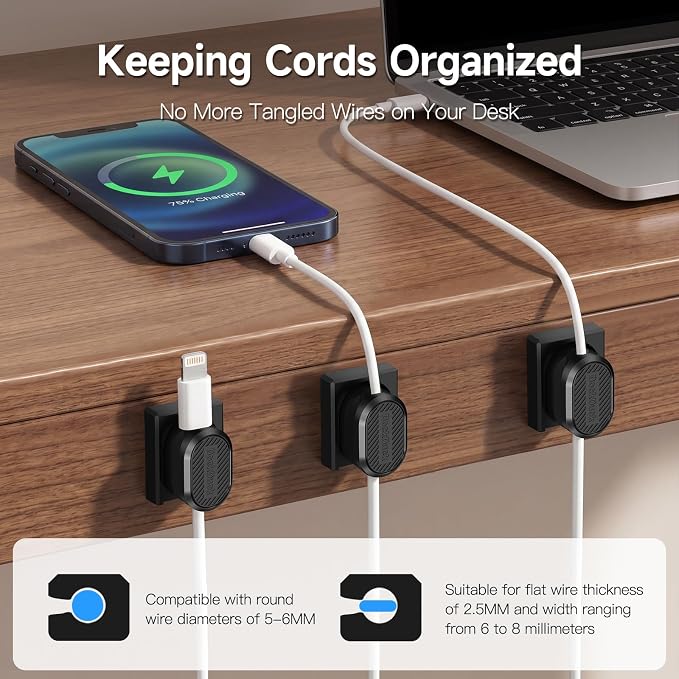 6-Pack Magnetic Cable Clips with Detachable Magnetic Base, Auto Dock Cable Organizer, Self-Adhesive Cord Holder for Round & Flat Cables, One-Hand Cable Management for Desk, Car, Office